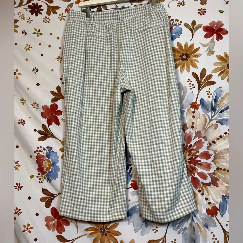 Lands End XL Tan White Gingham Plaid Wide Leg Crop Pull On Casual Coastal Pants